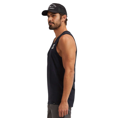 Person wearing DHCM Haggler Tank Tank Top Black Tank Top, Man wearing black tank top against plain white background -