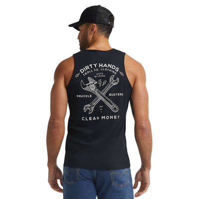 DHCM Twisting Wrenches Tank Tank Top front view, Black tank with white crossed wrench graphic, "Dirty Hands" text, and