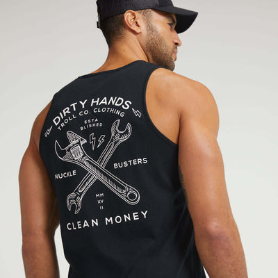 Person wearing DHCM Twisting Wrenches Tank Tank Top Black Tank Top, Man wearing black tank top against neutral studio