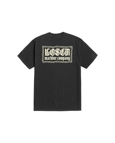 Displeasure front view, Black with white gothic type and chain-link border graphic centered on chest, Black Tee - Slowride