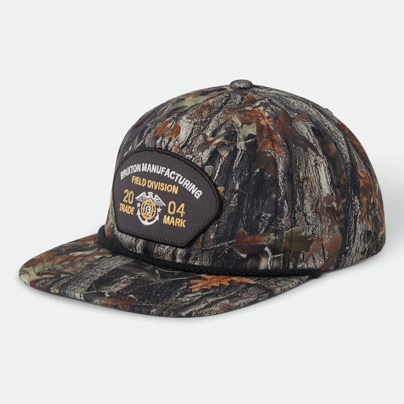 Division MP Snapback Apparel front view, Tree camo with black patch featuring gold text and emblem reading Field Division