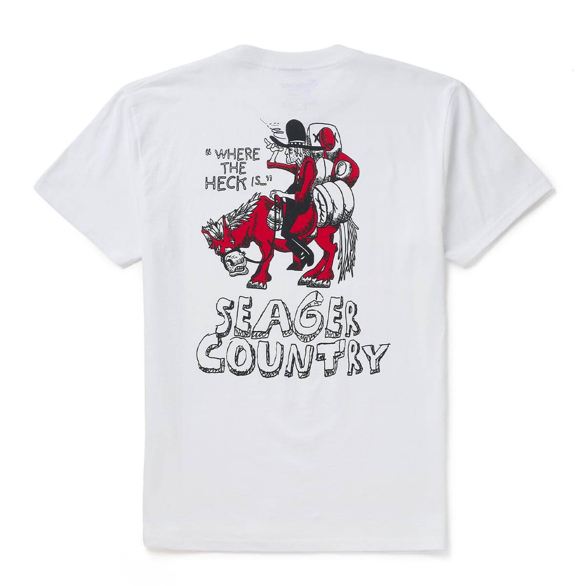 Donde front view, White with red and black illustration of rider on bucking beast, text reading "Where the heck is" and