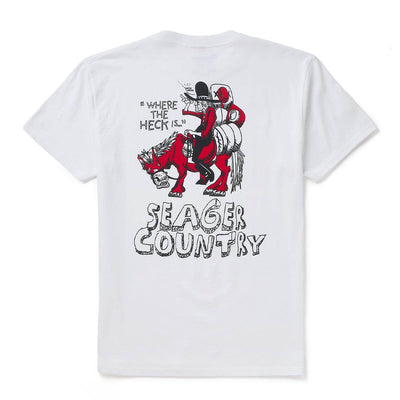 Donde front view, White with red and black illustration of rider on bucking beast, text reading "Where the heck is" and