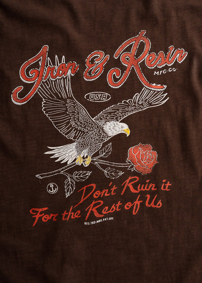 Close-up of Don't Ruin It Brown Tee showing Embroidered eagle with white and gold detailing on brown fabric - Slowride Supply
