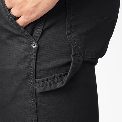 Close-up of Dp802 Carpenter Pant Regular Fit Pants Stone Washed Black Pants showing Metal snap button closure with textured