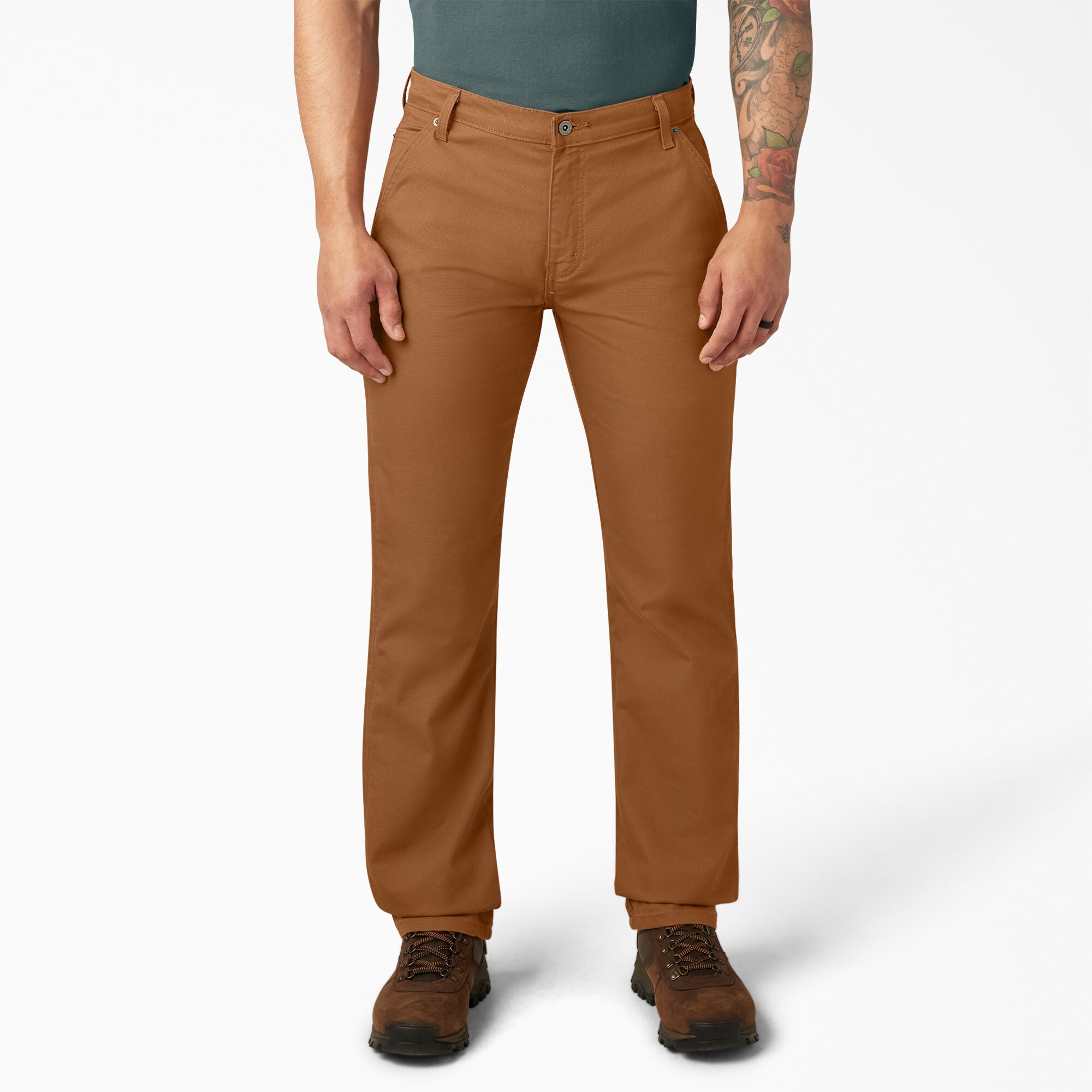 Person wearing Dp802 Carpenter Pant Regular Fit Pants Stone Washed Black Pants, Man wearing teal shirt and tan work pants