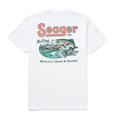 Drifting the West front view, White with salmon and teal fish and landscape graphic, "Drifting the West" text below company