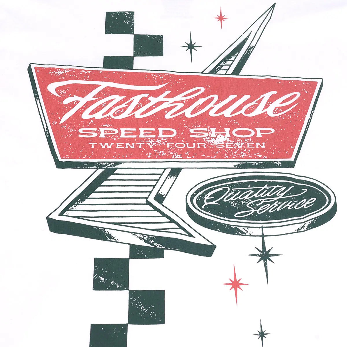 Care label on Drive in Black Tee showing Green and red vintage speedway sign with script lettering and distressed texture