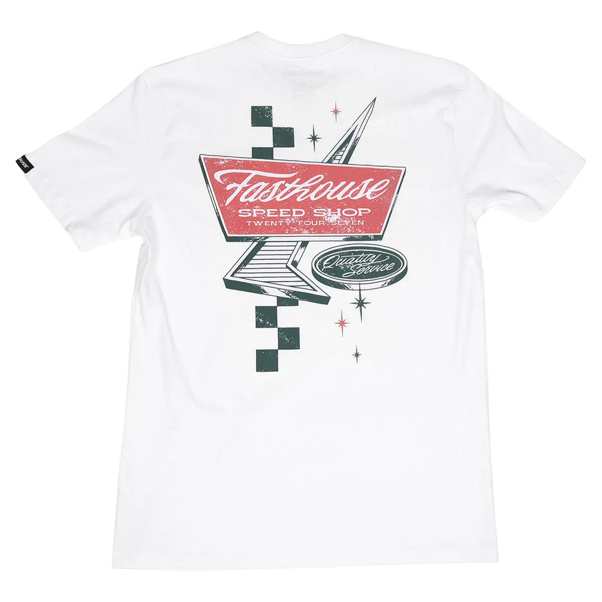 Drive in front view, White with red and dark green neon sign graphic, speed shop text and stars, Black Tee - Slowride Supply