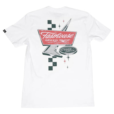 Drive in front view, White with red and dark green neon sign graphic, speed shop text and stars, Black Tee - Slowride Supply