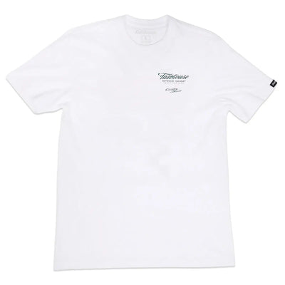 Close-up of Drive in Black Tee showing White tee with small chest print in black script lettering and text, small woven