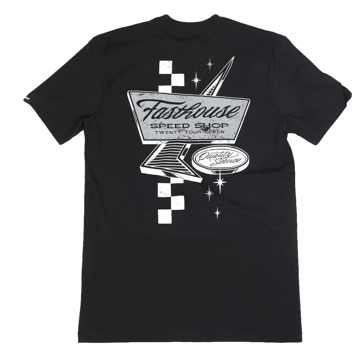 Back of Drive in Black Tee, Black with vintage neon sign graphic in white and gray, featuring speed shop and quality service