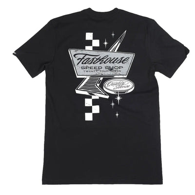 Back of Drive in Black Tee, Black with vintage neon sign graphic in white and gray, featuring speed shop and quality service