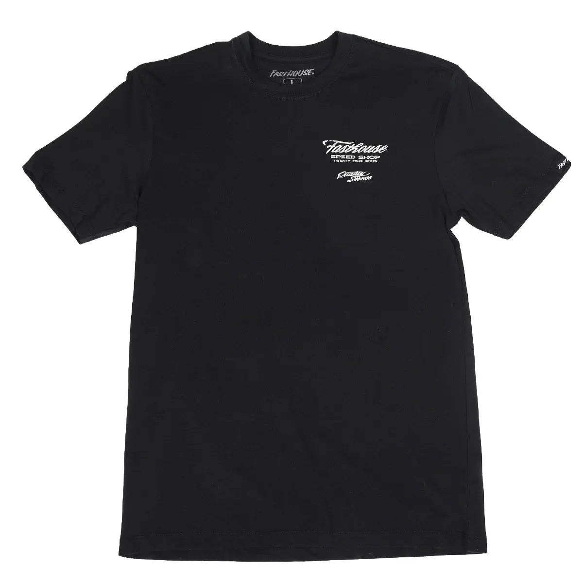 Close-up of Drive in Black Tee showing Black tee with white script chest print reading "Speed Shop" and smaller text below,