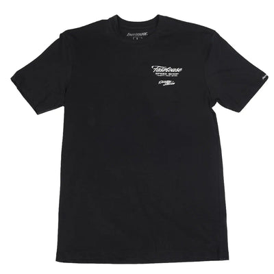 Close-up of Drive in Black Tee showing Black tee with white script chest print reading "Speed Shop" and smaller text below,