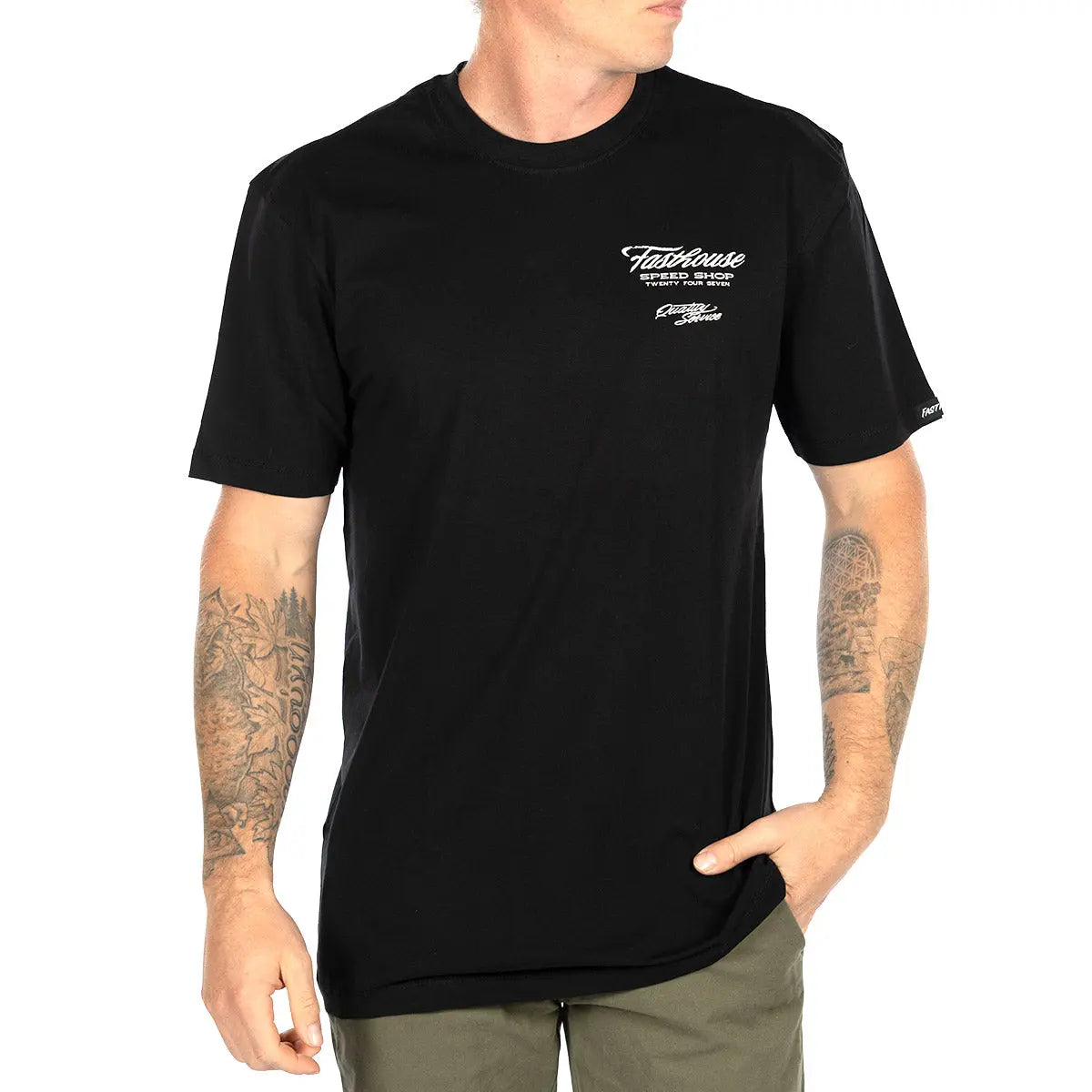 Person wearing Drive in Black Tee, Man wearing black tee standing against plain white background - Slowride Supply