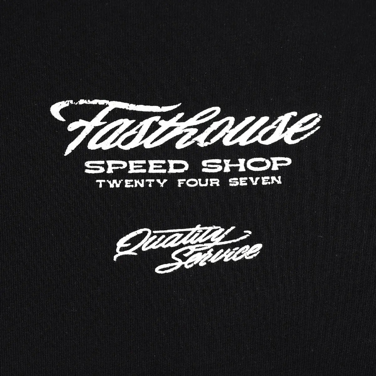 Close-up of Drive in Black Tee showing White script and sans-serif embroidery on black ribbed cotton fabric - Slowride Supply
