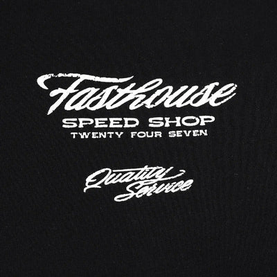 Close-up of Drive in Black Tee showing White script and sans-serif embroidery on black ribbed cotton fabric - Slowride Supply
