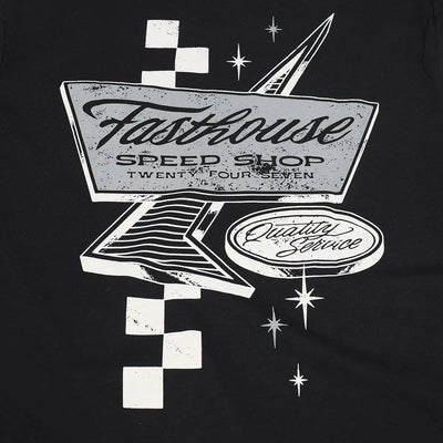 Close-up of Drive in Black Tee showing Distressed speedway sign graphic with checkered flag and starburst details in white