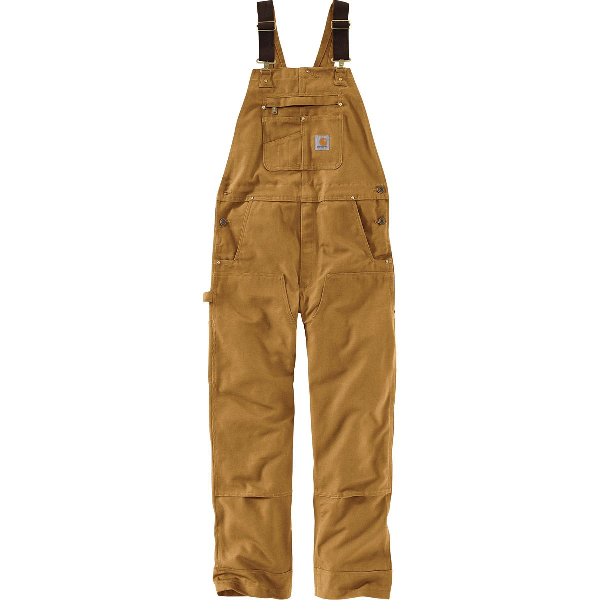 Duck Bib Overalls front view, Tan duck canvas with brown leather shoulder straps and dark brown chest pocket with small