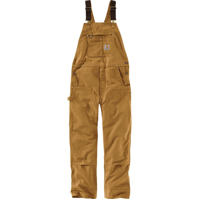 Duck Bib Overalls front view, Tan duck canvas with brown leather shoulder straps and dark brown chest pocket with small