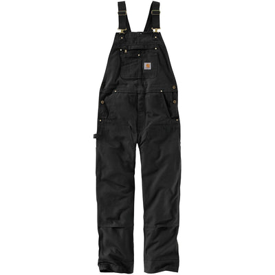 Close-up of Duck Bib Overalls Black Overalls showing Black duck canvas with brass hardware, chest pocket, side pockets, and