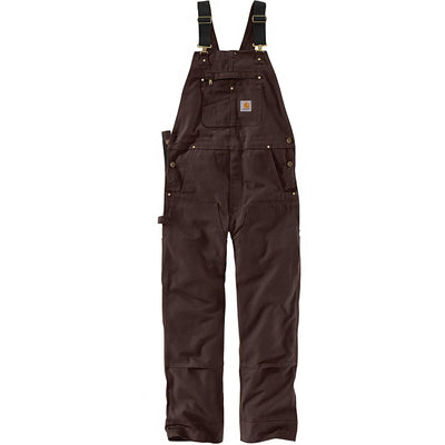 Back of Duck Bib Overalls Black Overalls, Dark brown canvas bib with multiple pockets, brass hardware, and small rectangular
