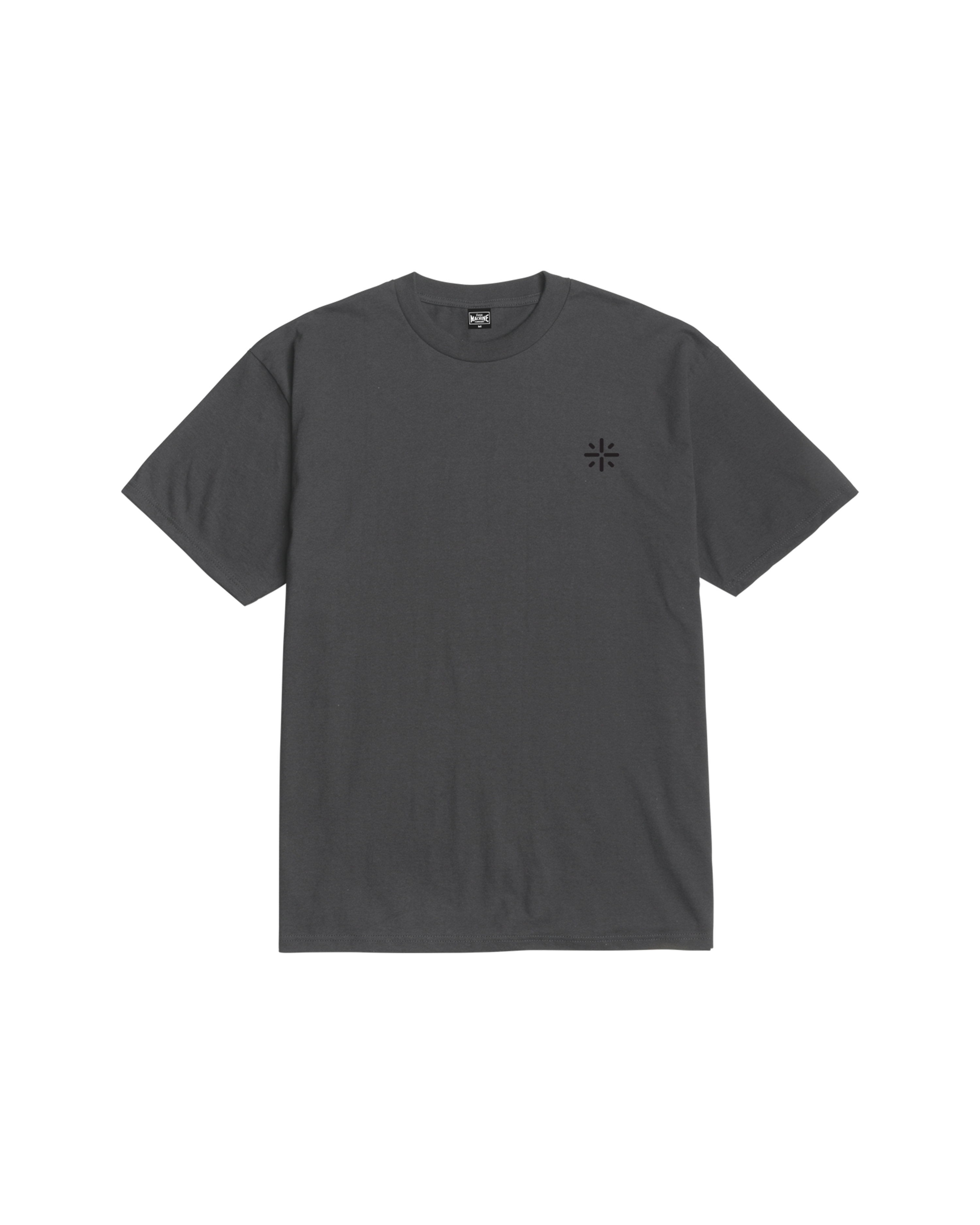 Close-up of Established Vintage Black Tee showing Charcoal gray tee with small asterisk symbol centered on chest - Slowride
