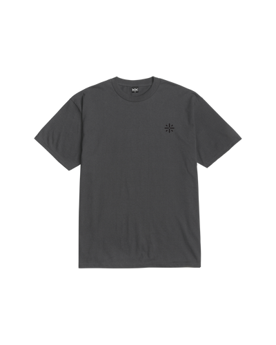 Close-up of Established Vintage Black Tee showing Charcoal gray tee with small asterisk symbol centered on chest - Slowride