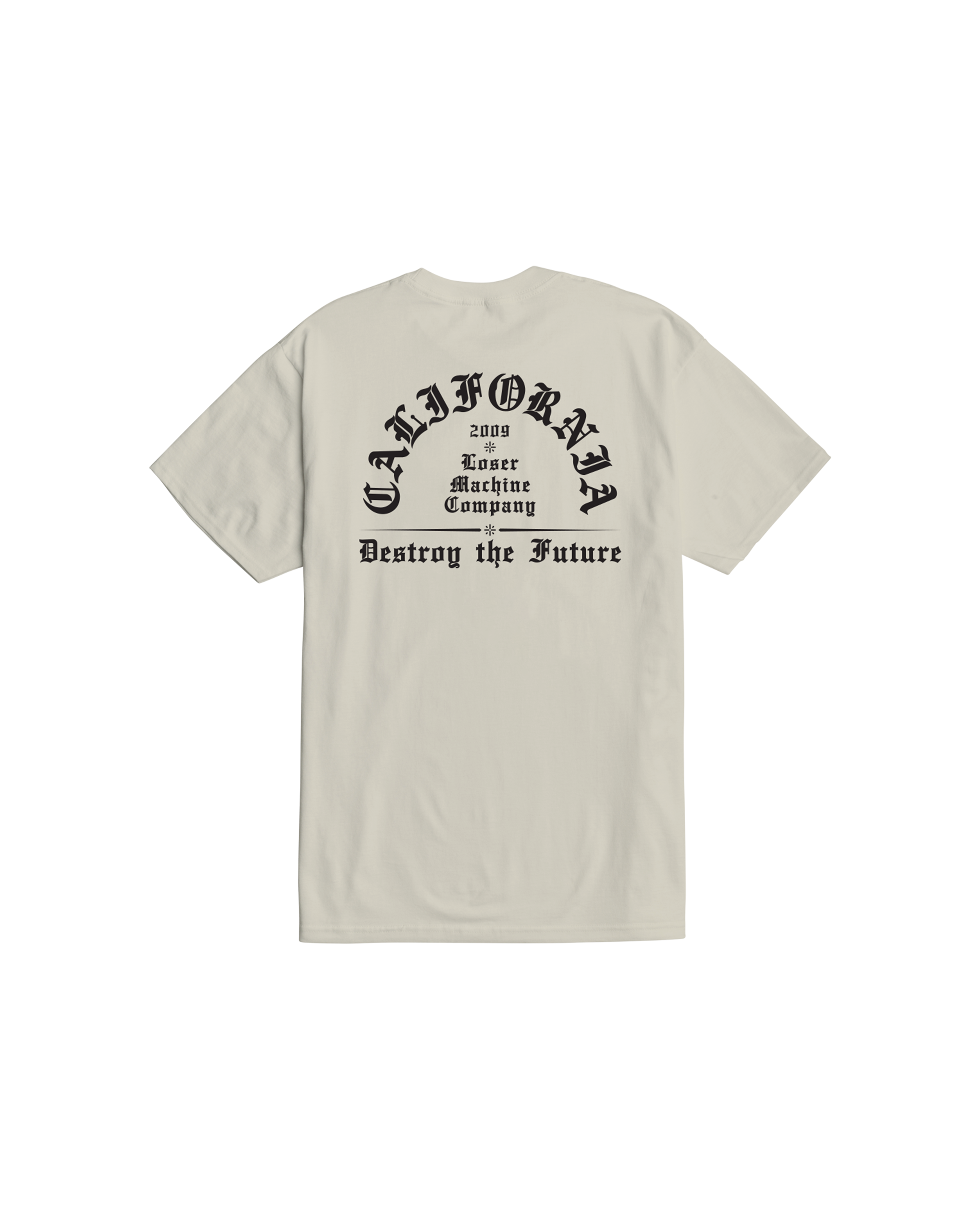 Back of Established Vintage Black Tee, Cream with black gothic arch text reading "California" and "Loser Machine Company"