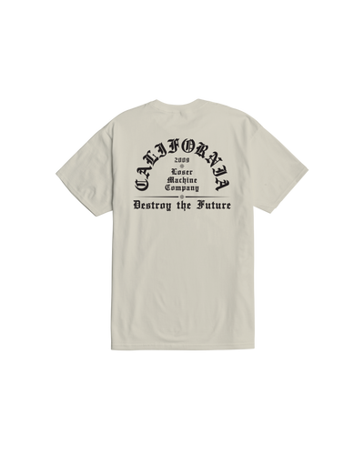 Back of Established Vintage Black Tee, Cream with black gothic arch text reading "California" and "Loser Machine Company"