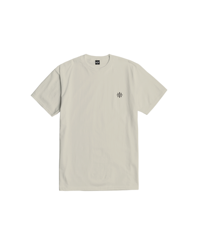 Close-up of Established Vintage Black Tee showing Cream tee with small black asterisk symbol on chest - Slowride Supply