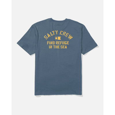 Even Keel Classic front view, Slate blue with golden yellow type and small anchor graphic reading "Salty Crew Find Refuge In