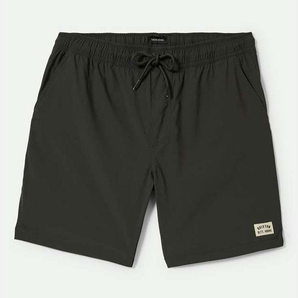 Everyday Hybrid Short 7" Boardshorts front view, Washed black with small cream woven label patch at lower right thigh,