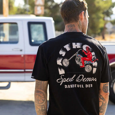 Back of Fallen Black Tee, Black with white and red speed demon motorcycle graphic and script lettering below - Slowride