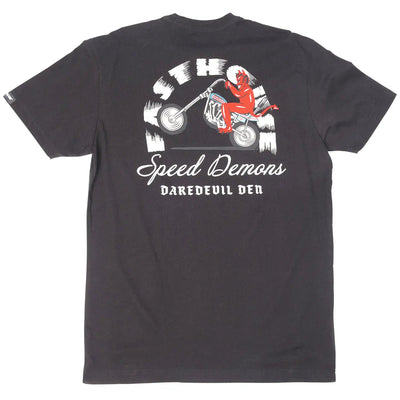 Fallen front view, Black with red and white stunt rider motorcycle graphic, Speed Demons and Daredevil Den text, Black Tee -