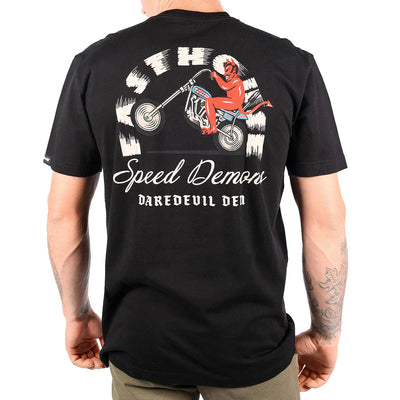 Person wearing Fallen Black Tee, Person wearing black tee standing indoors against white background - Slowride Supply