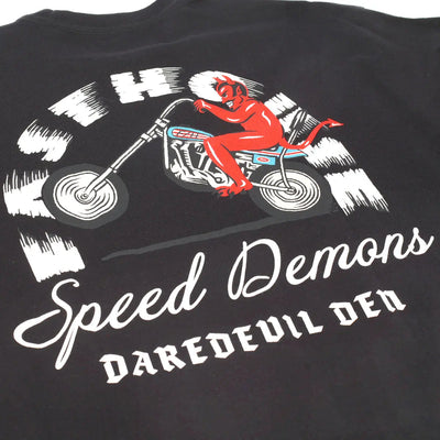 Close-up of Fallen Black Tee showing Red devil rider on chopper with white brush-stroke lettering and details - Slowride