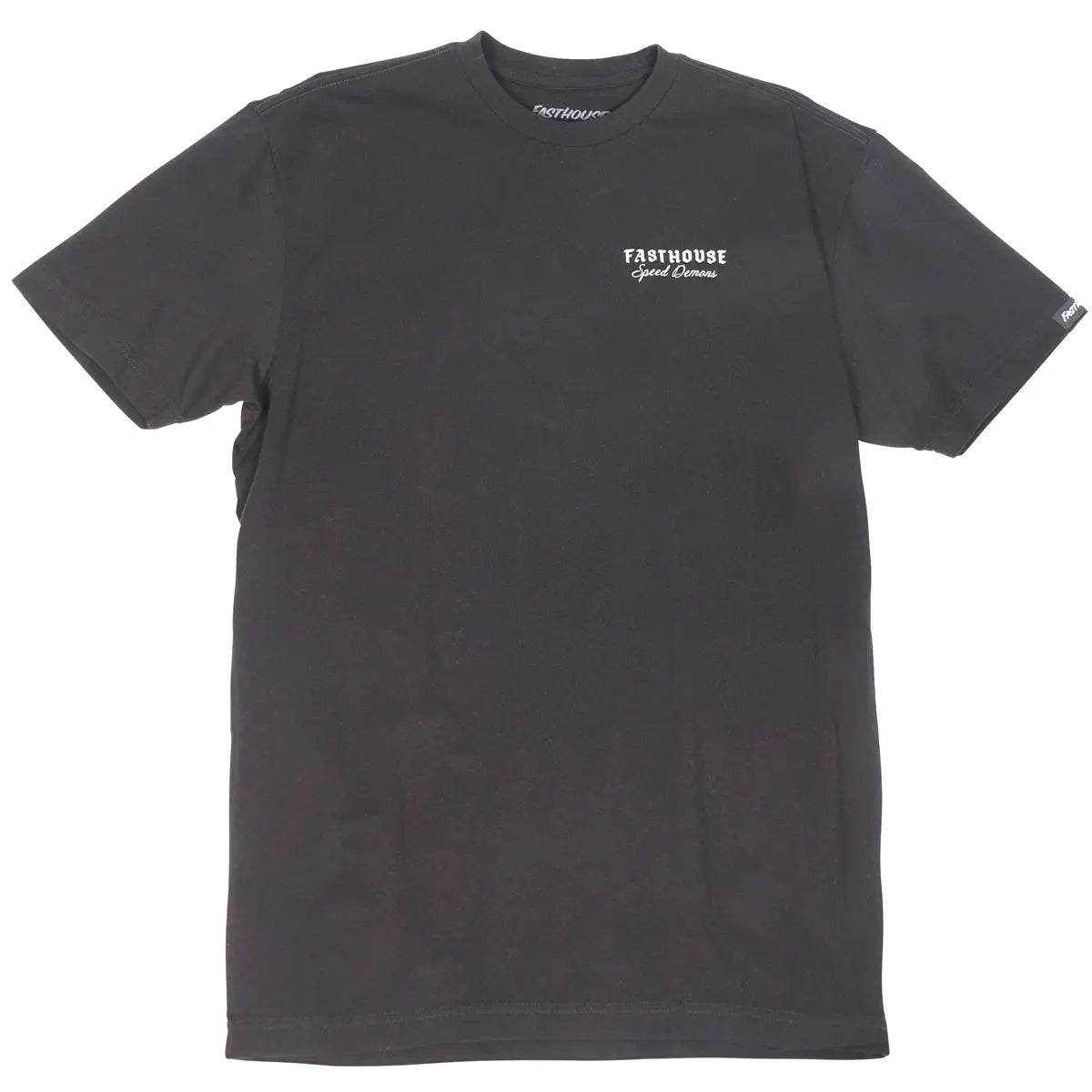 Close-up of Fallen Black Tee showing Charcoal tee with small white script logo and cursive text on chest, small brand mark