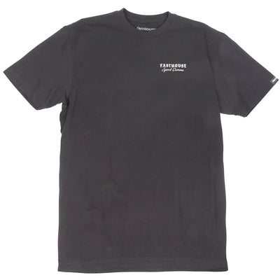 Close-up of Fallen Black Tee showing Charcoal tee with small white script logo and cursive text on chest, small brand mark