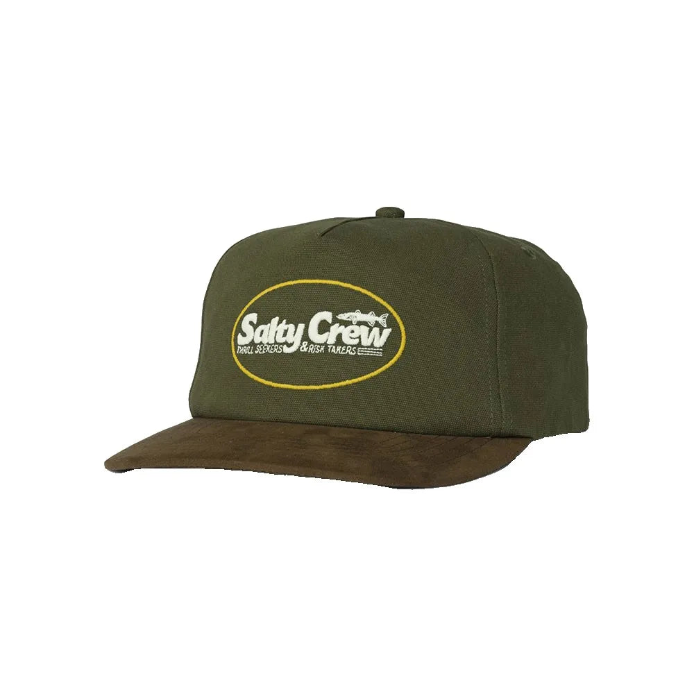 Fast Track Snapback front view, Olive green crown with brown suede visor, embroidered oval patch with white and yellow text