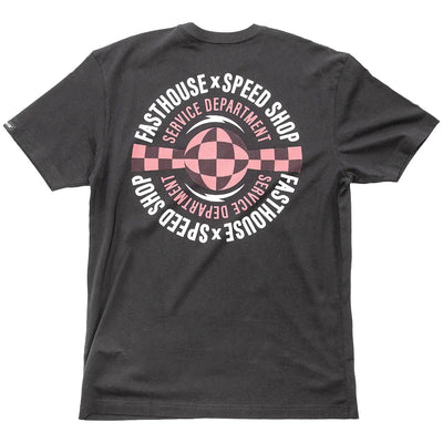 Finch front view, Charcoal with white and pink circular graphic featuring checkered pattern and "Fasthouse x Speed Shop