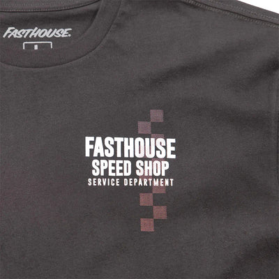 Close-up of Finch Black Tee showing Halftone cross graphic with white text and mauve dotted pattern detail - Slowride Supply