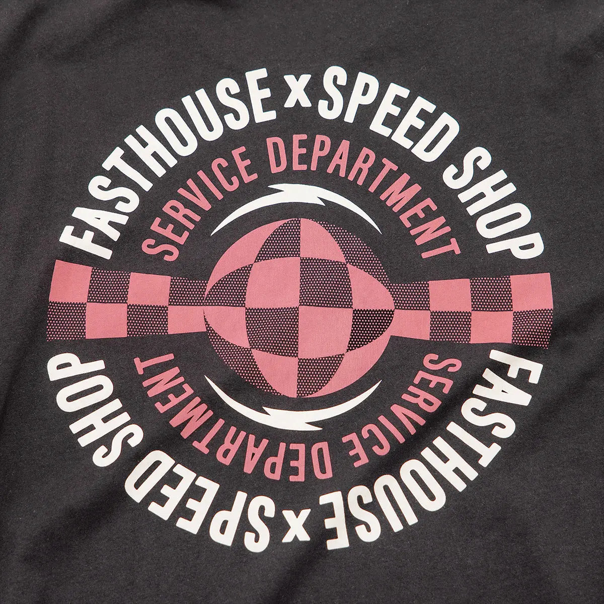 Close-up of Finch Black Tee showing Pink and charcoal checkerboard pattern with halftone texture detail - Slowride Supply