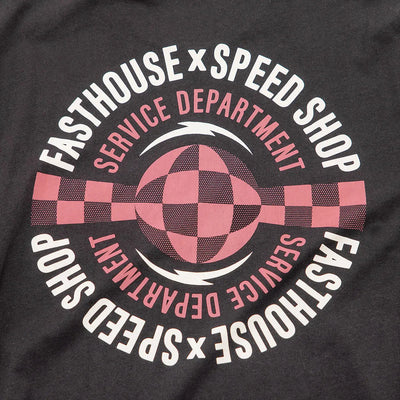 Close-up of Finch Black Tee showing Pink and charcoal checkerboard pattern with halftone texture detail - Slowride Supply
