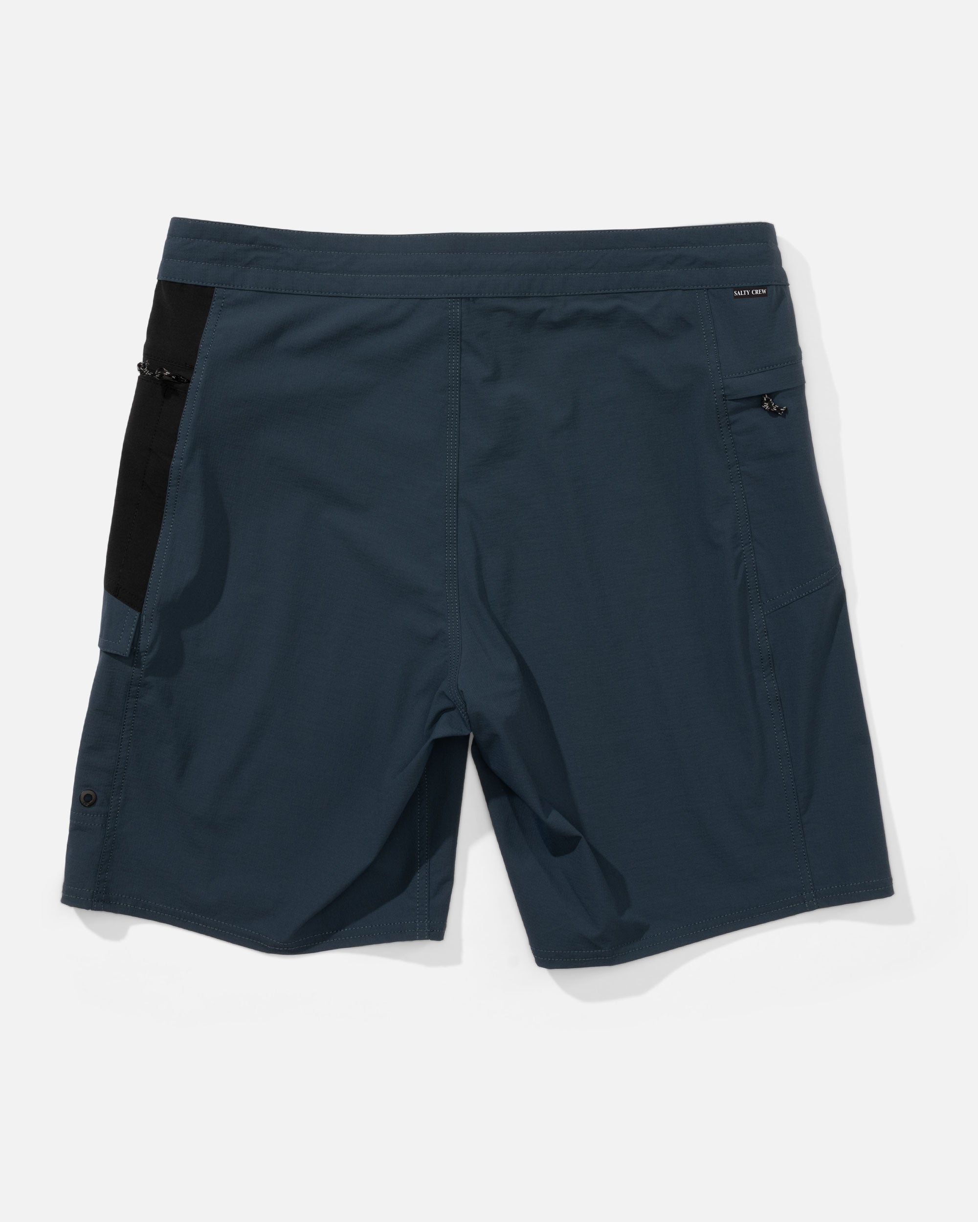 Back of Flagship Boatshort 19" Boardshorts Navy Boardshorts, Navy with black side stripe and small branded text above