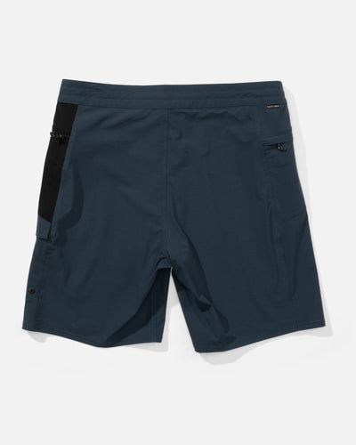 Back of Flagship Boatshort 19" Boardshorts Navy Boardshorts, Navy with black side stripe and small branded text above