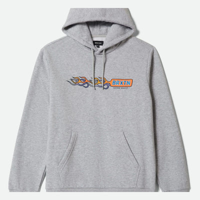 Flames front view, Heather gray with orange and navy flame graphic and blue text logo, custom quality tagline below,