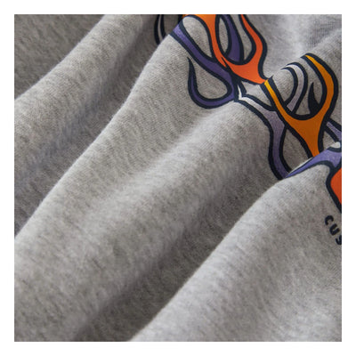 Close-up of Flames Gunmetal/ Heather Hoodie showing Embroidered flame graphic with orange and purple outline detail on
