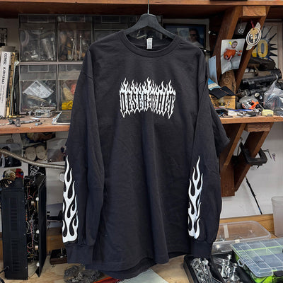Flames front view, Black with white flame-style text graphic across chest and white flame graphics down both sleeves,